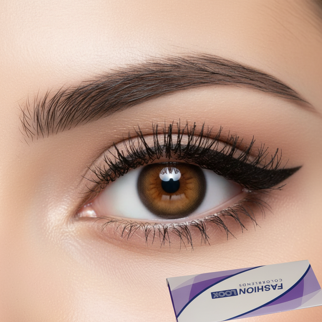 Fashion Look ColorBlends Honey Contact Lenses on eye with packaging