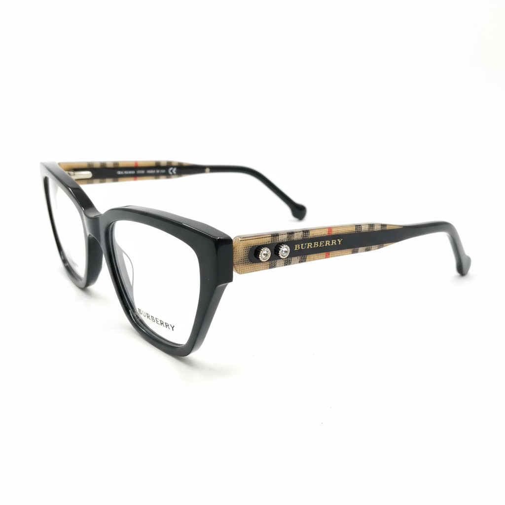 Burberry eyeglasses temple detail with check pattern
