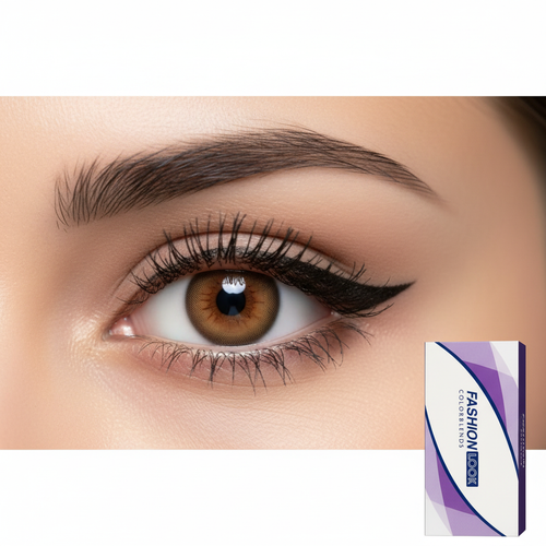 Fashion Look ColorBlends Pure Hazel Contact Lenses on eye with packaging