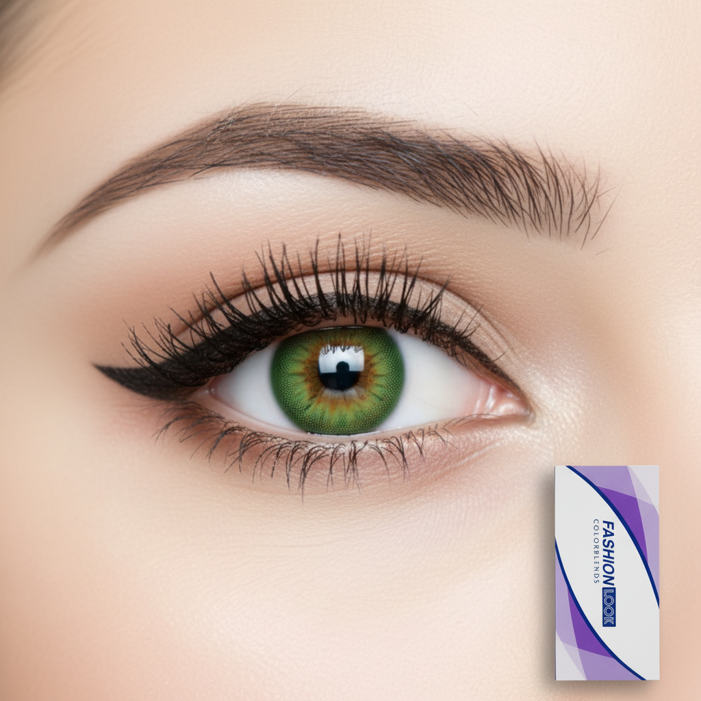 Fashion Look ColorBlends Green Contact Lenses on eye with packaging