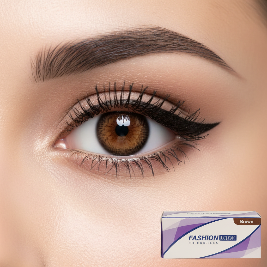 Fashion Look ColorBlends Brown Contact Lenses on eye with packaging