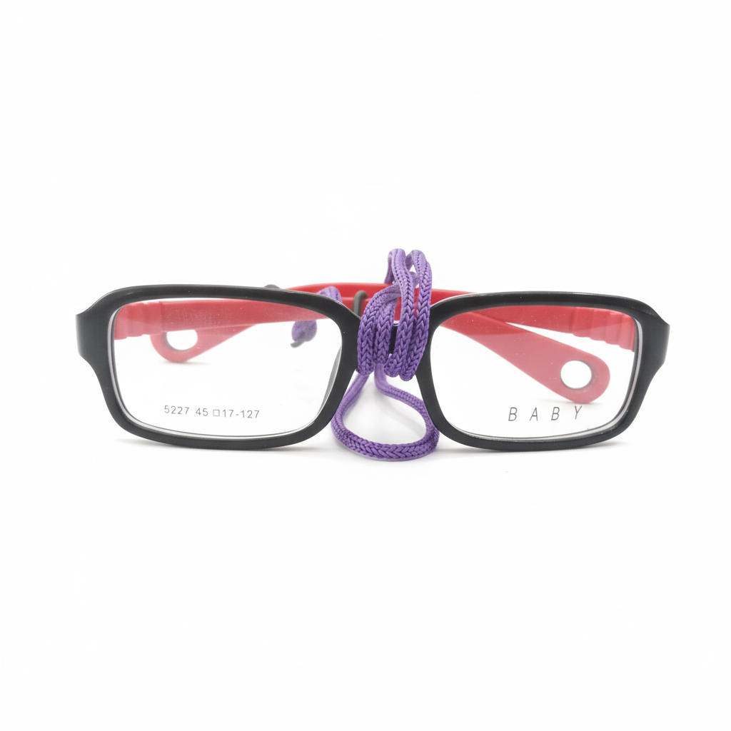 Kids black sports eyeglasses with red interior and purple strap