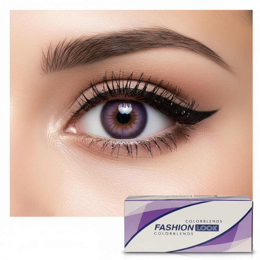 Fashion Look ColorBlends Violet Contact Lenses on eye with packaging