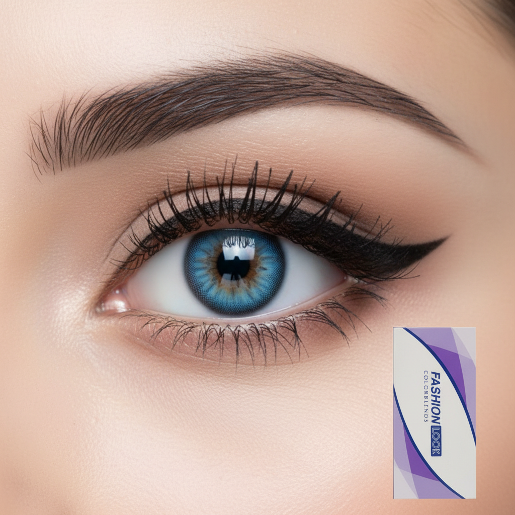 Fashion Look ColorBlends Sky Blue Contact Lenses on eye with packaging