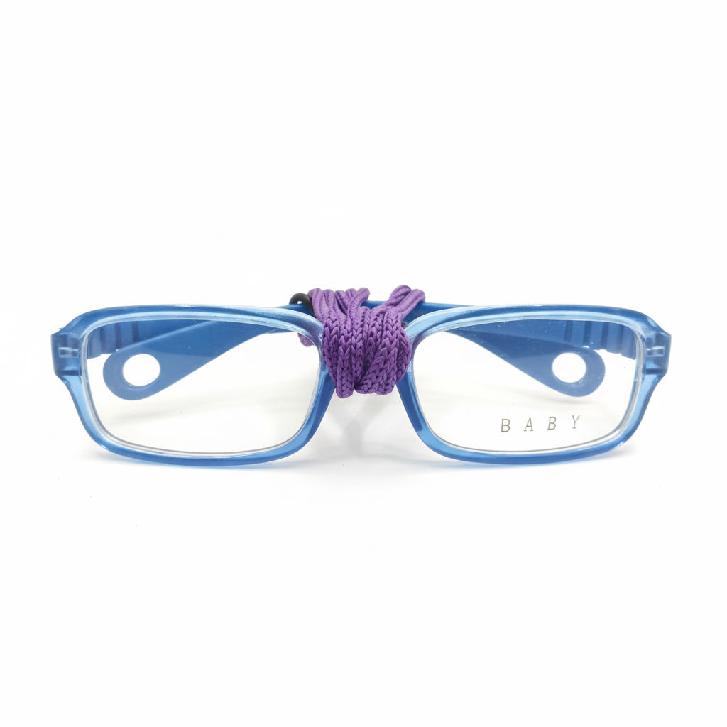 Kids blue sports eyeglasses with purple strap - front view