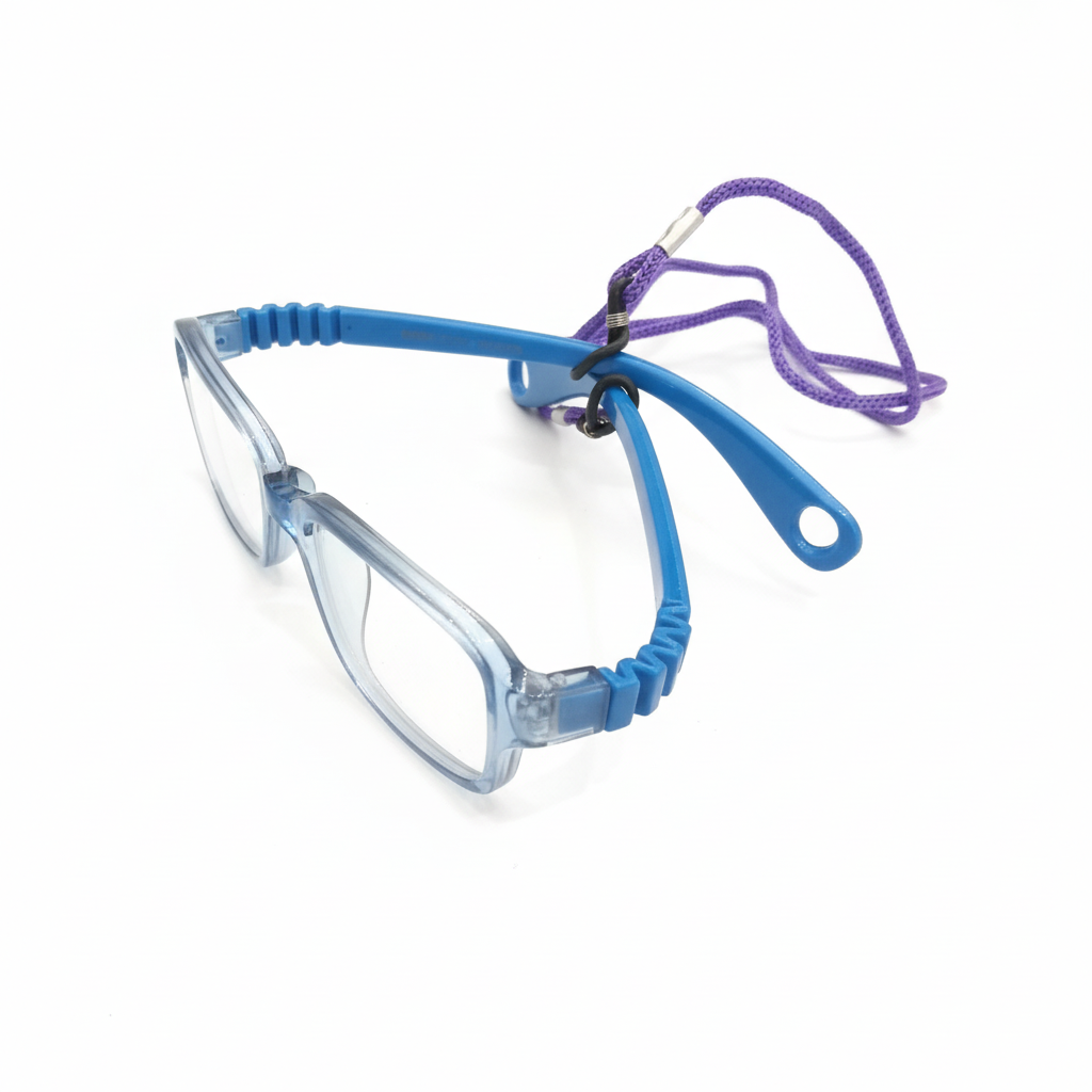 Kids blue sports eyeglasses with purple strap - side view
