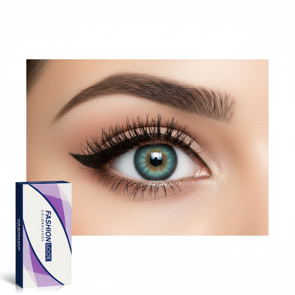 Fashion Look ColorBlends Aqua Contact Lenses on eye with packaging