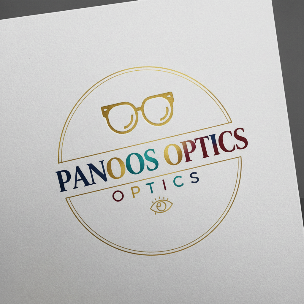 PANOOS OPTICS Logo with Frame and Colorful Text